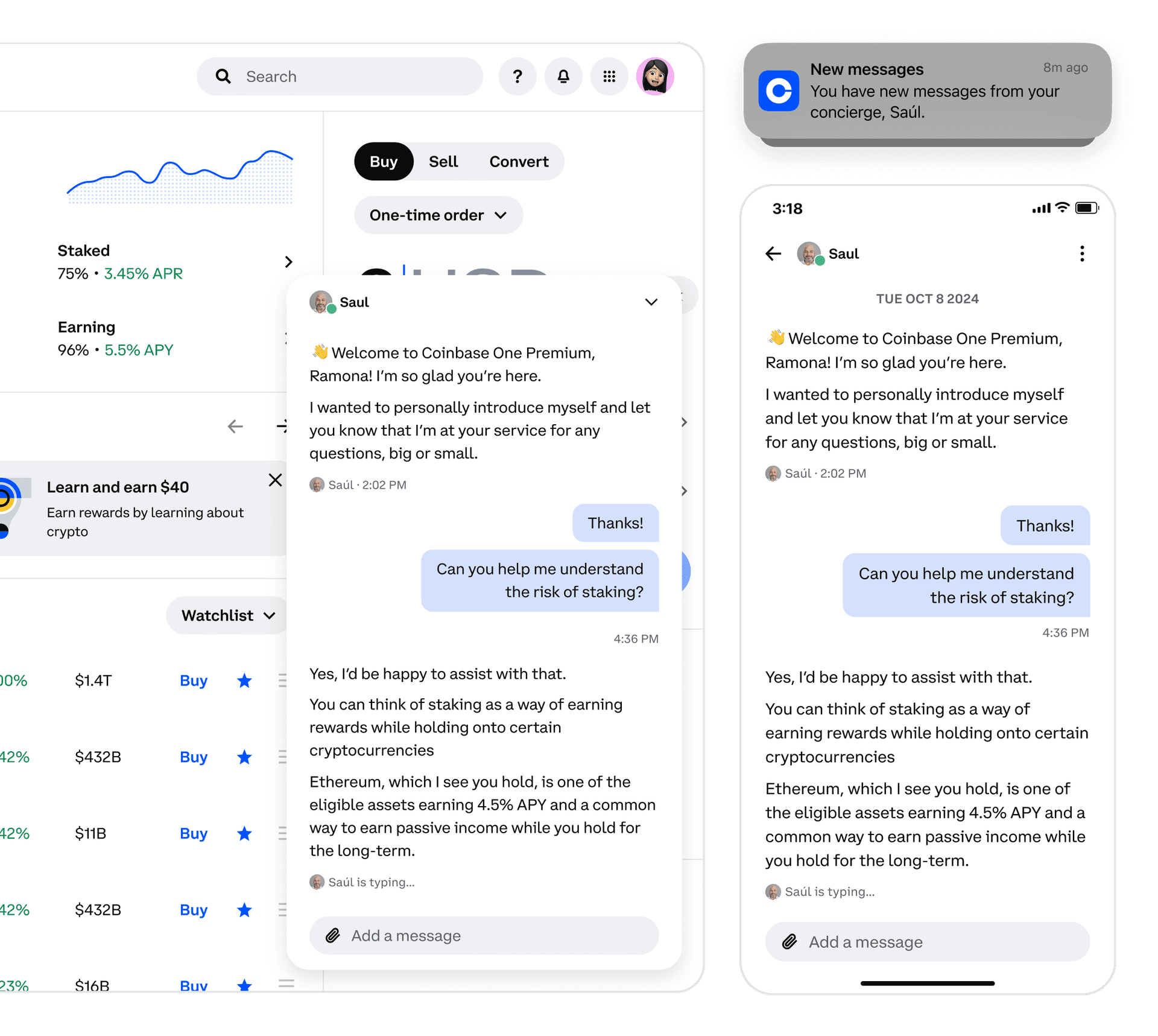 Concierge chat experience for Coinbase One customers