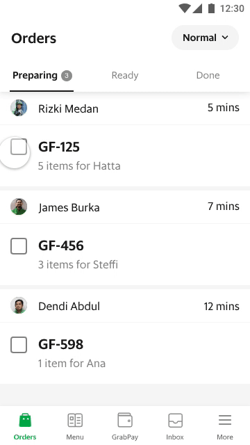 Batch selection flow for marking multiple orders as Ready