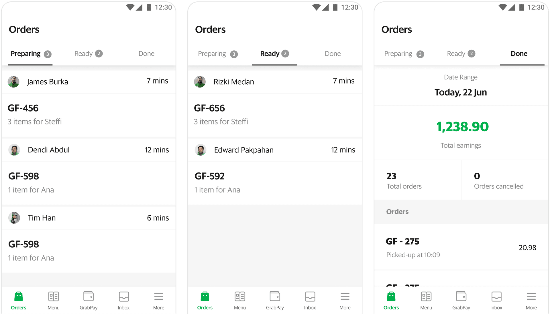 Final tabbed orders dashboard — Preparing, Ready, Done