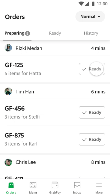 Single firm tap interaction for marking an order as Ready