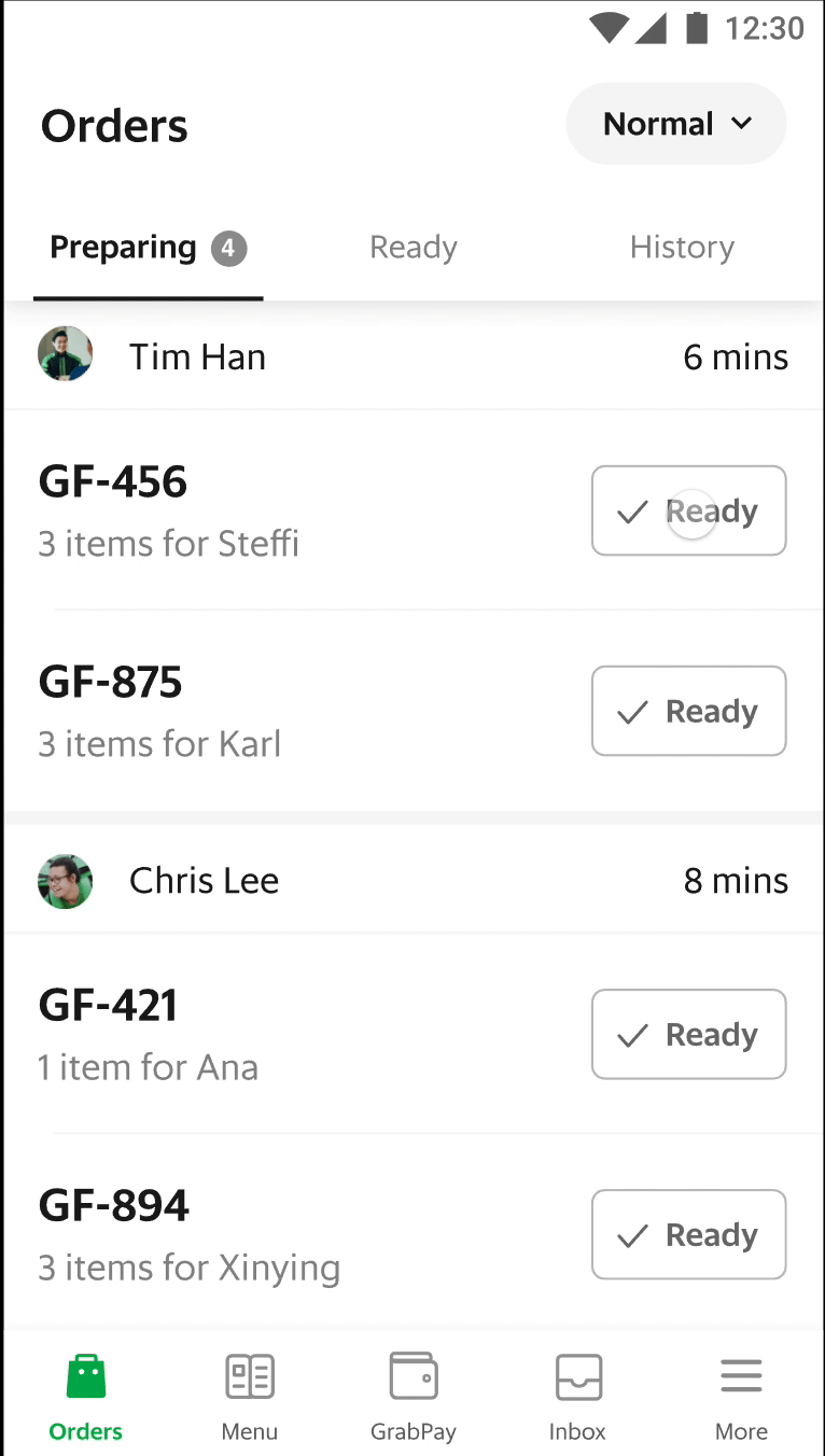 Batch selection flow for marking multiple orders as Ready